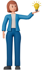 3D illustration of a smiling woman holding light bulb. Young woman with bulb creating new good ideas or thoughts 3d illustration.