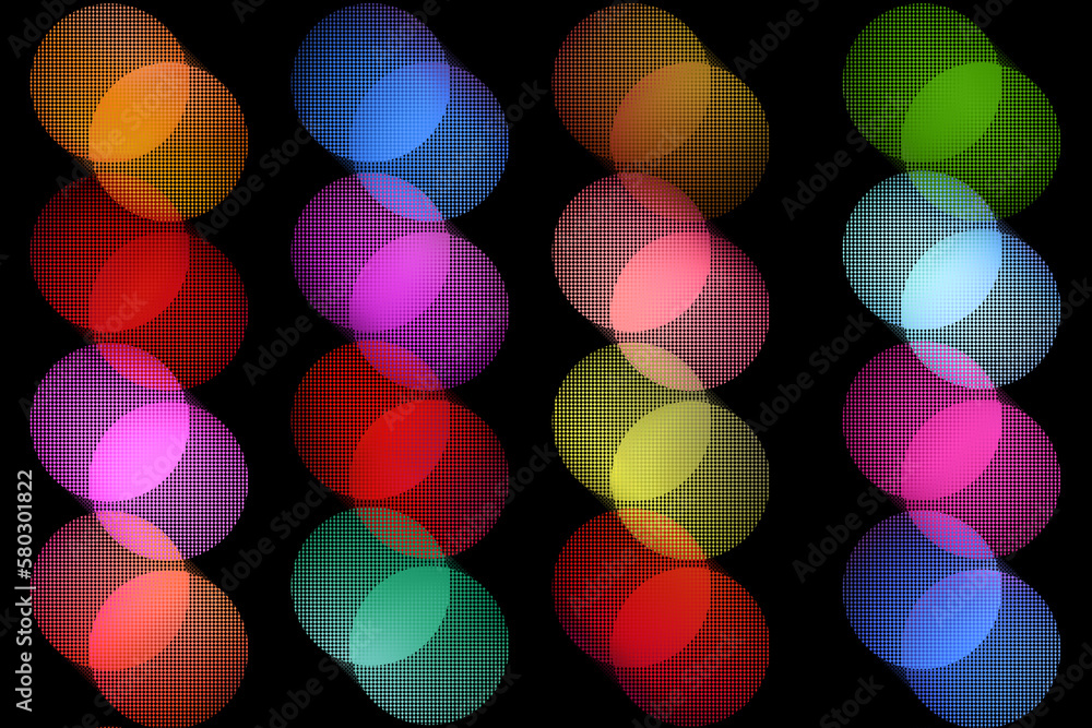 Poster repeat pattern of rainbow color bokeh illumination on a black background