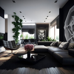 Modern interior design calm forest and seaside AI generated