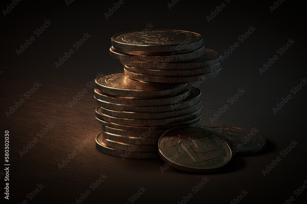 Poster golden coins stacked over a dark backdrop, representing a financial institution or a bank as a symbo