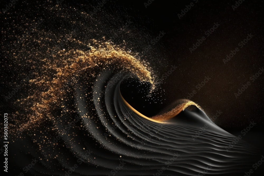 Poster gold glitters light on dark background with abstract swirling touch. generative ai