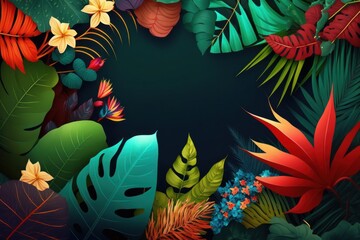 Cartoon style tropical leaves frame on black background with empty space. Purple orange green jungle florals in digital art style for summer party design. Generative ai