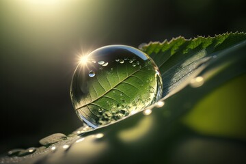 Beauty transparent drop of water on a green leaf macro with sun glare. Generative ai