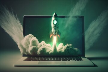 Illustration of rocket taking off from laptop screen. Generative AI