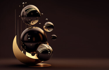 Gold chocolate sphere on brown background. Generative ai banner
