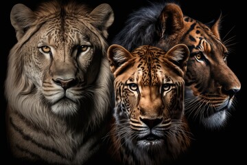 Large feline portrait (lion, tiger, and two leopards) against a dark background. Generative AI