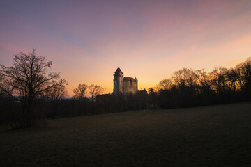 castle at sunrise in a park with trees and a pink sky