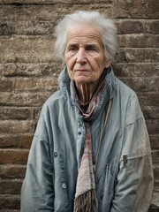 A dirty homeless elderly woman in torn clothes. Generative AI