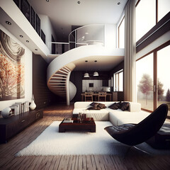 Modern interior design calm forest and seaside AI generated