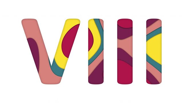 Multi-colored inscription Roman numerals VIII with colored spots floating inside. Looped from frame 120 to 839, Alpha BW at the end