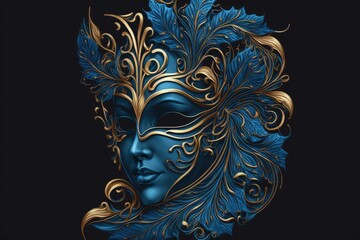 Illustration of a refined Venetian mask against a deep blue background. Generative AI