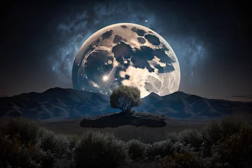 Sheer curtains Full moon and trees Late night full moon. Generative AI