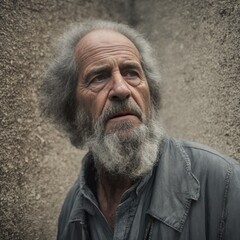 Homeless elderly man in dirty clothes. Generative AI