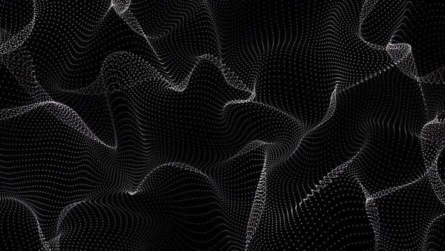 Abstract background of white dots, wave pattern. White waves of dots. The pattern flows on the background of a black surface. 4k seamless looping animation