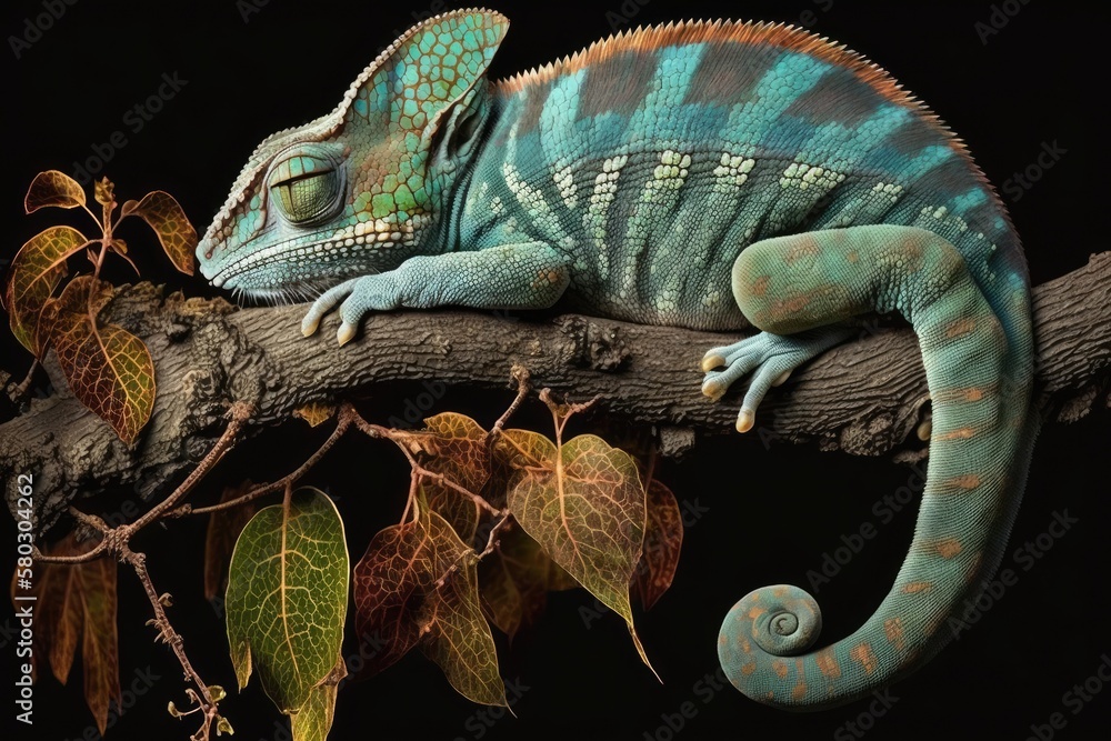 Poster asleep on a branch is an ambilobe panther chameleon. generative ai