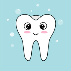 Tooth icon with eyes and a smile in a flat style on a blue background. Vector stock illustration. isolated. Care and cleanliness of teeth care of the surface of the teeth