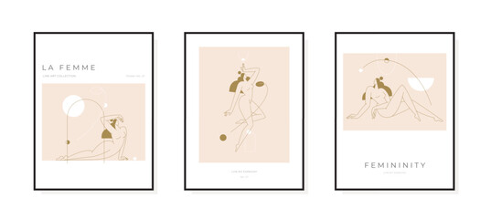 Modern posters set. Nude woman silhouette in abstract pose, female body, feminine boho graphic. Mid century, Contemporary, Femininity concept, prints collection for wall art decor. Vector illustration
