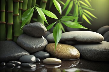 Fototapeta na wymiar Bamboo and stones in a wellness spa. Generative AI. Zen Stones and Bamboo on the water. relax, enjoy at spa concept