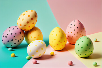 Colorful eggs and robin's eggs on colorful background, yellow eggs, ping eggs, white and green eggs. Easter composition. Generative AI