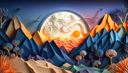 forest and mountain view at sunset., layers paper art style. Generative AI