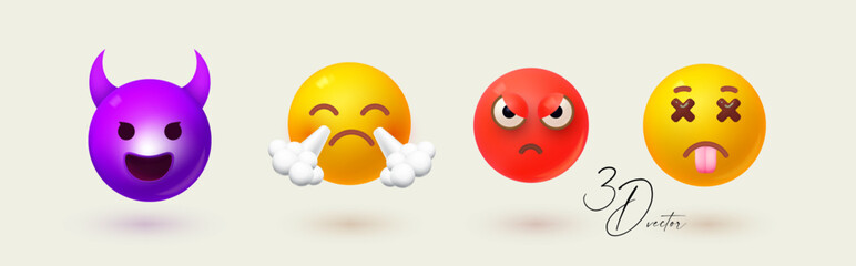 Yellow ball with face set. Emotion expression collection. Anger, rage, sadness.