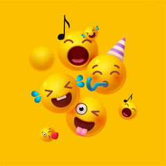 Joy, happy and fun. Yellow balls with faces. Emotion expression . Holiday, singing, joy, fun, party, laughter, music, concert, birthday, win and special offer.