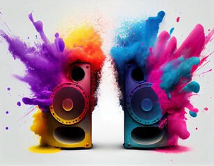 Speakers with colorful sound explosion, generative ai