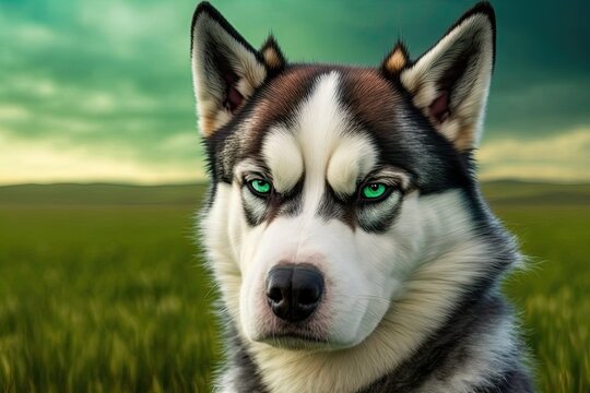 Close up of a husky dog's scowling face on a green field. Generative AI