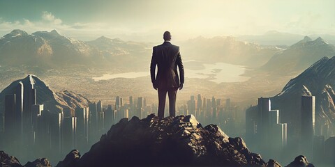 Successful man looking down on city, generative ai