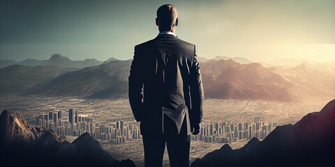 Successful man looking down on city, generative ai