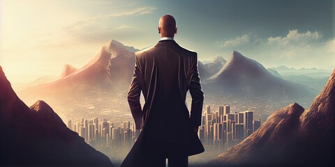 Successful man looking down on city, generative ai