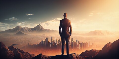 Successful man looking down on city, generative ai