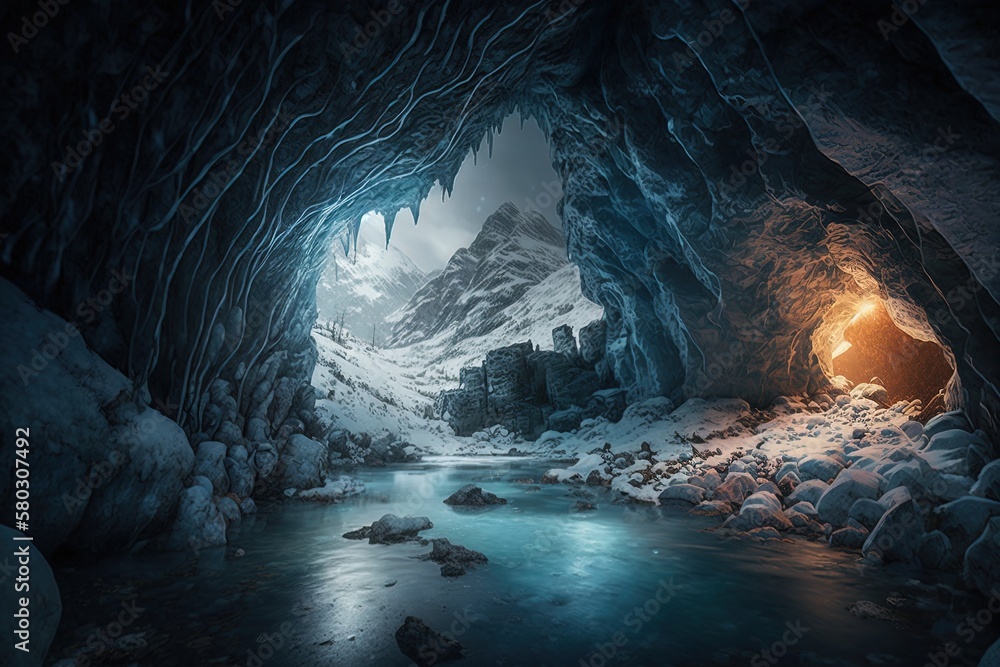 Poster exploring the arcane cave of ancient enchantments and frosty rivers generative ai