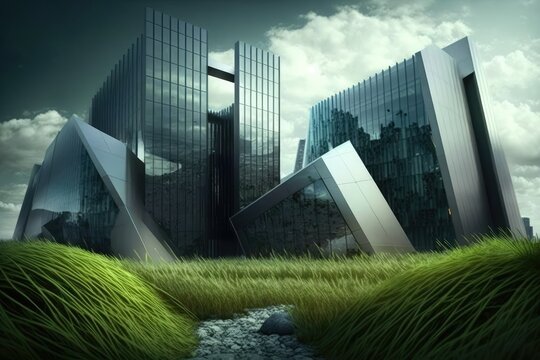 Behind The Grass, There Are Some Ultra Modern Office Buildings. Generative AI