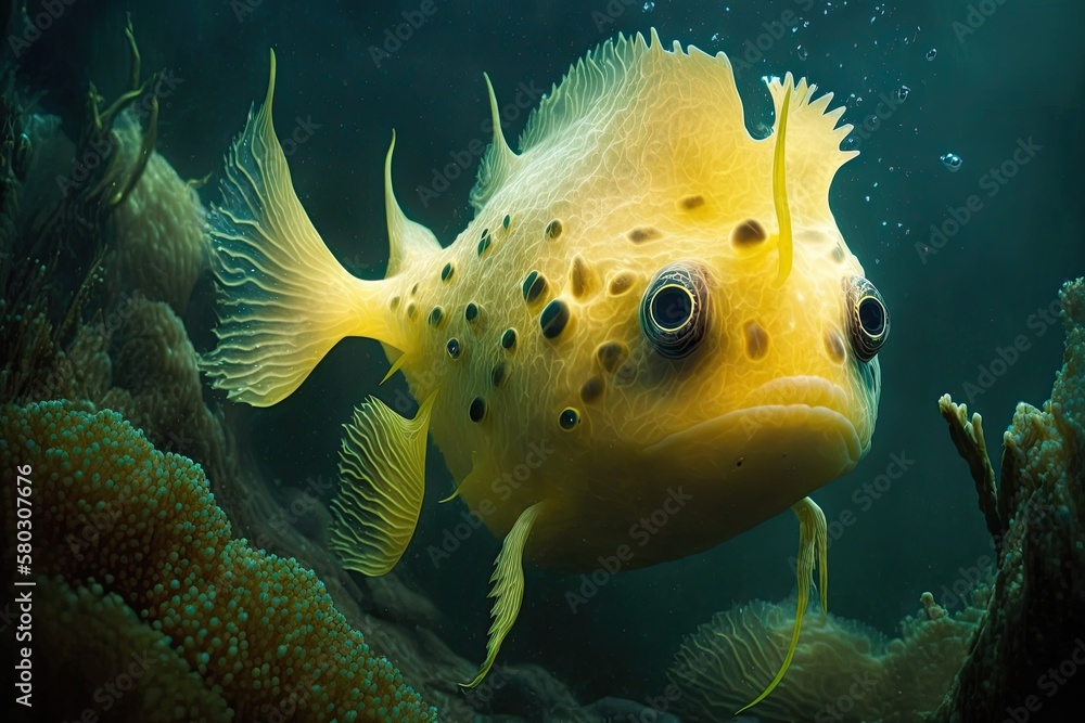 Poster Fish like creature that lives in the ocean and is colored yellow. Generative AI