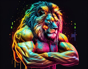 Muscular and colorful lion, generative ai