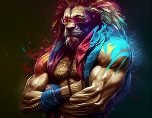 Muscular and colorful lion, generative ai