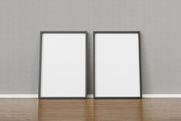 2 black wooden picture mockup, black mockup, gray wall background