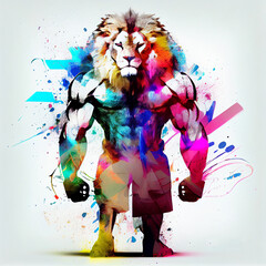 Muscular and colorful lion, generative ai