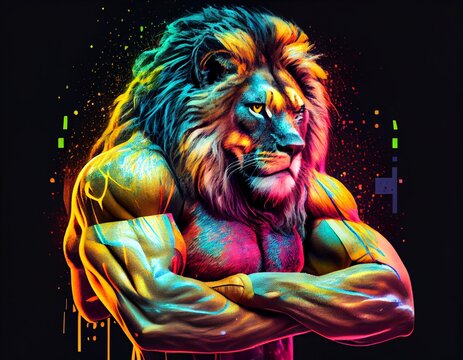 Muscular and colorful lion, generative ai
