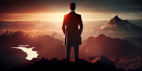 Successful man looking down on city, generative ai