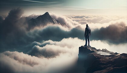 Man standing at the top of the mountain, generative ai