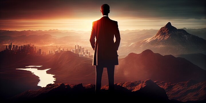 Successful man looking down on city, generative ai