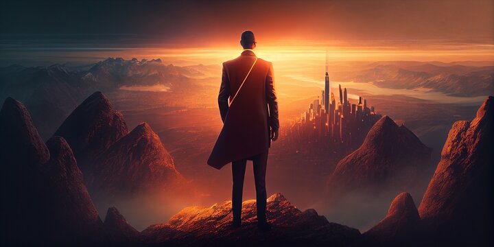 Successful man looking down on city, generative ai