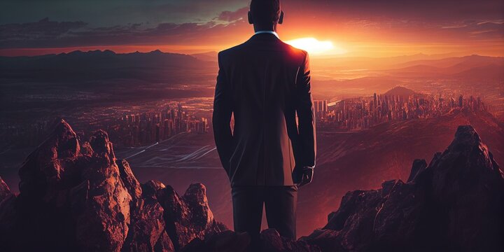 Successful man looking down on city, generative ai