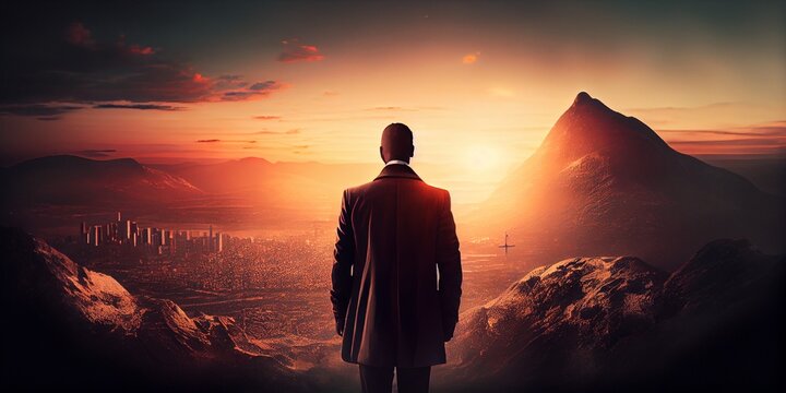 Successful man looking down on city, generative ai
