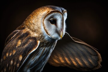 Beautiful close up of a barn owl against a dark backdrop and dramatic lighting. Generative AI