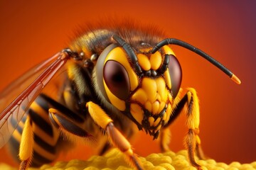 Extreme hornet macro photography on yellow background, generative ai