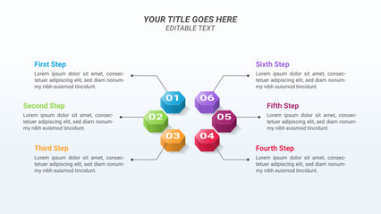 3D Isometric Hexagon Infographic Presentation Template on a 16:9 Ratio with Six Options or Steps for Business Presentations, Planning, Progress, Workflow, and Reports.