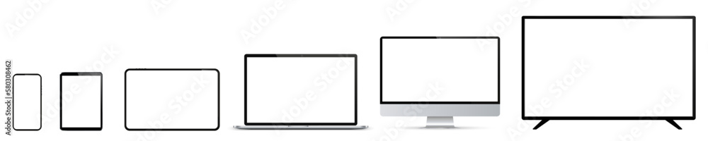 Poster set of mockup technology devices with empty white display: tv, computer, laptop, tablet and mobile p